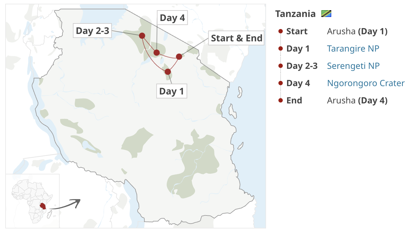 4-Day Camping to Tarangire, Serengeti & Ngorongoro map