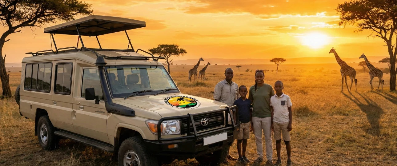 Family standing beside a private safari vehicle at sunset with giraffes on the Tanzanian savannah