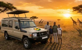 Family standing beside a private safari vehicle at sunset with giraffes on the Tanzanian savannah
