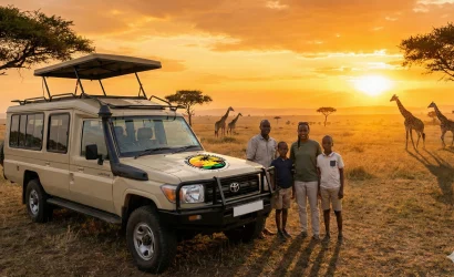 Family standing beside a private safari vehicle at sunset with giraffes on the Tanzanian savannah