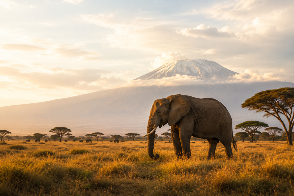 African elephant on the savannah with Mount Kilimanjaro in the background, Tanzania