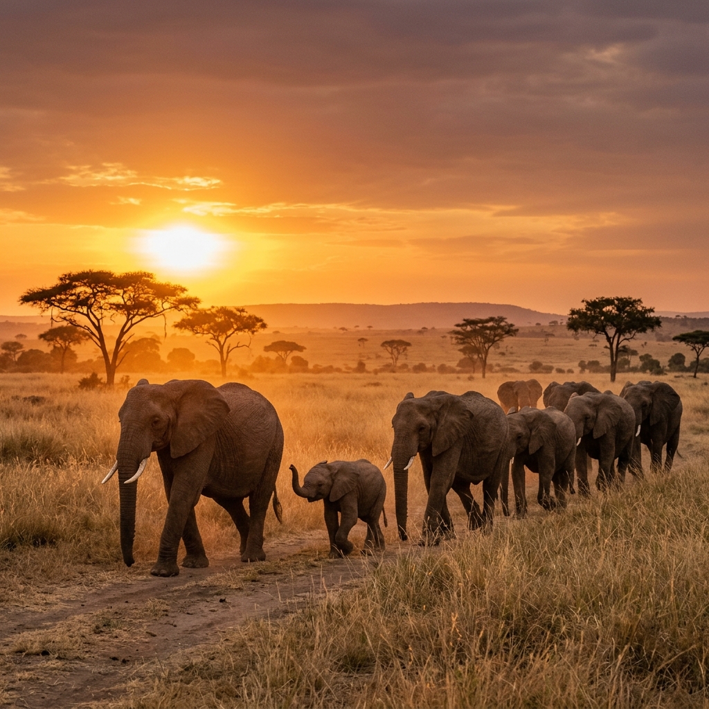 Elephants at sunset