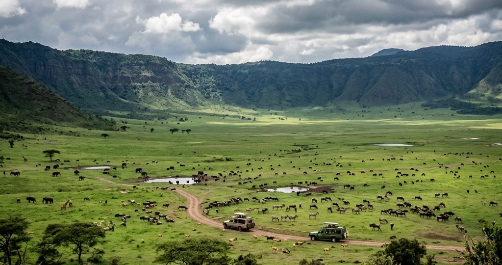 Safari vehicles on a game drive across the green floor of Ngorongoro Crater, Tanzania