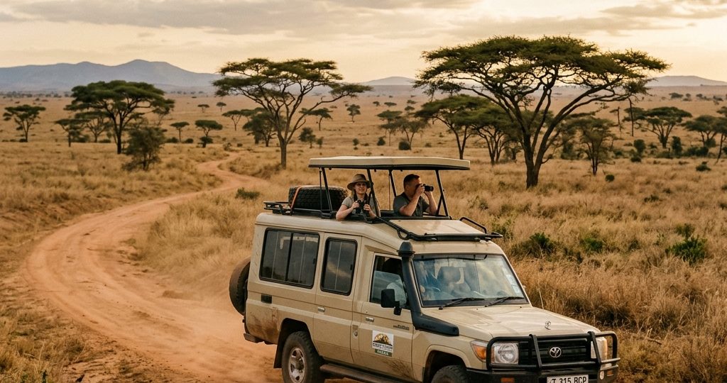 Travellers watching wildlife from a pop-up roof safari vehicle on a dirt track in the Tanzanian savannah