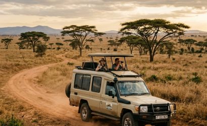 Travellers watching wildlife from a pop-up roof safari vehicle on a dirt track in the Tanzanian savannah